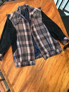Jimmy Hourihan of Dublin 100% Pure New Wool Navy Purple Plaid Pea Coat Corduroy